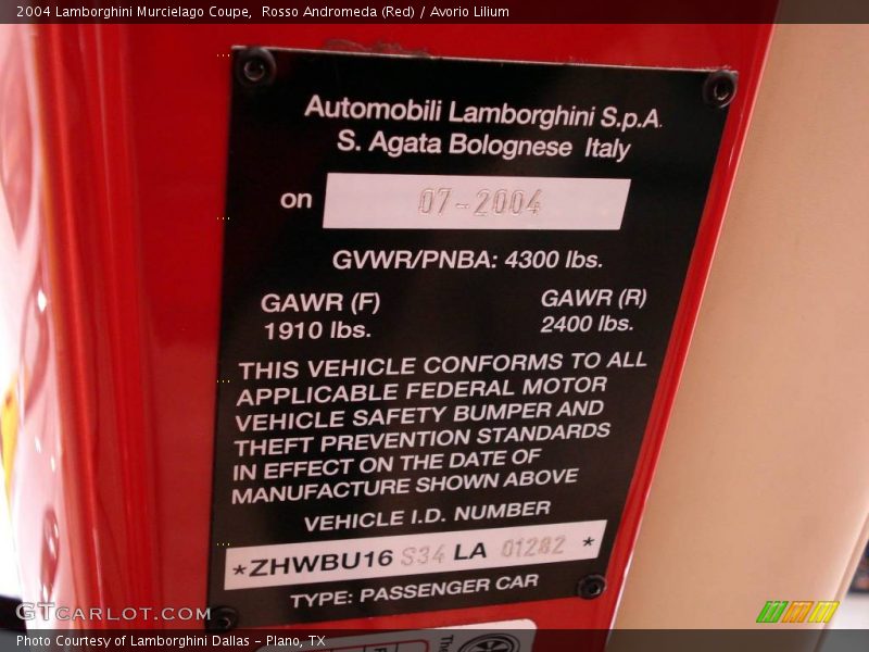 Info Tag of 2004 Murcielago Coupe