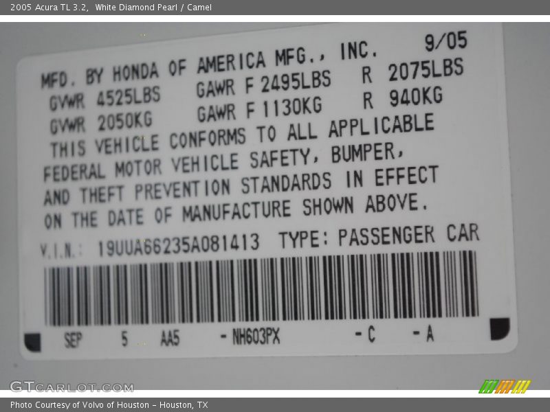 White Diamond Pearl / Camel 2005 Acura TL 3.2