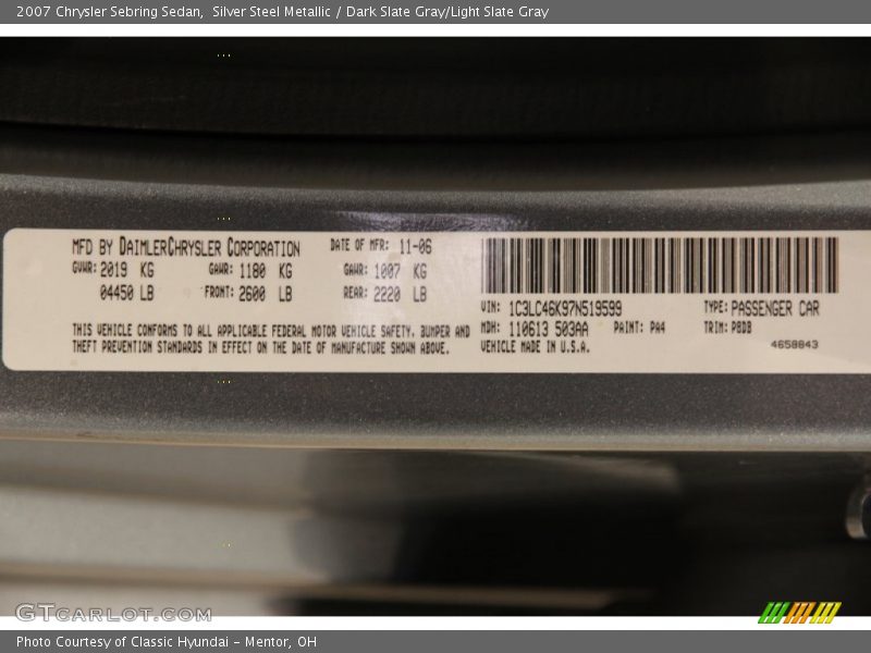 Silver Steel Metallic / Dark Slate Gray/Light Slate Gray 2007 Chrysler Sebring Sedan