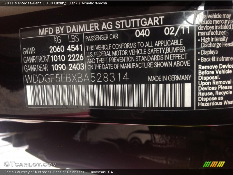 Black / Almond/Mocha 2011 Mercedes-Benz C 300 Luxury