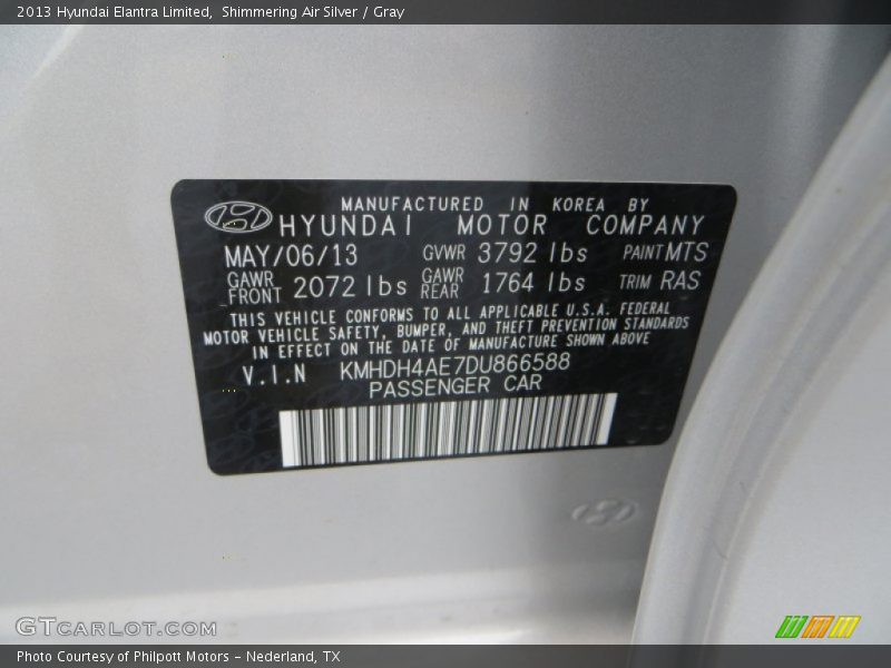 Shimmering Air Silver / Gray 2013 Hyundai Elantra Limited