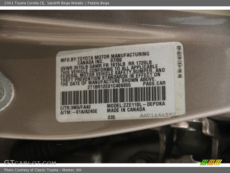 Sandrift Beige Metallic / Pebble Beige 2001 Toyota Corolla CE
