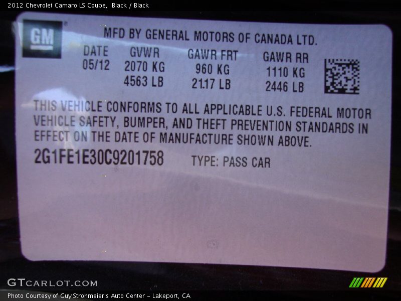 Black / Black 2012 Chevrolet Camaro LS Coupe