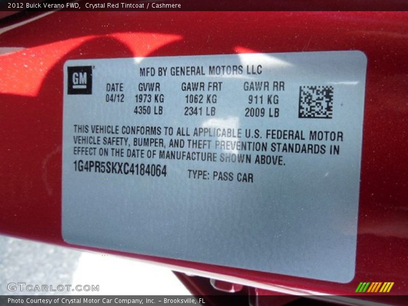 Crystal Red Tintcoat / Cashmere 2012 Buick Verano FWD