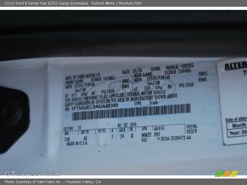 Oxford White / Medium Flint 2010 Ford E Series Van E250 Cargo Extended