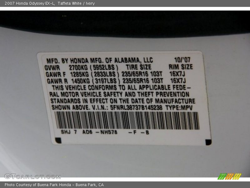 Taffeta White / Ivory 2007 Honda Odyssey EX-L