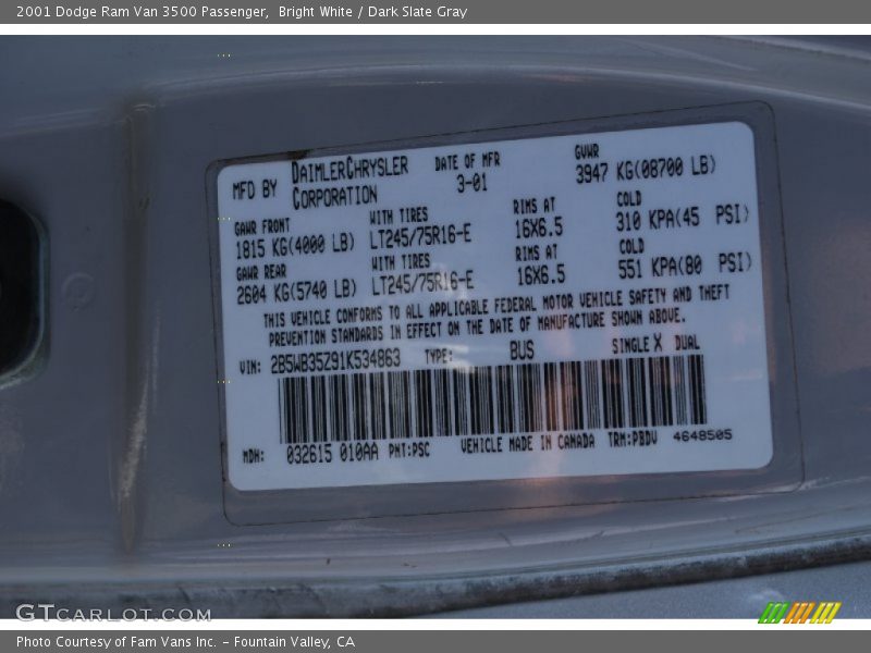 2001 Ram Van 3500 Passenger Bright White Color Code PSC