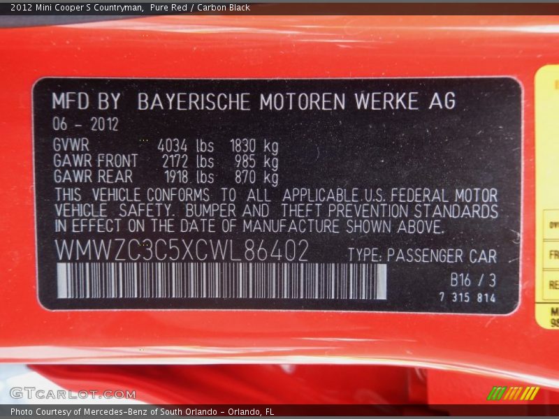 Pure Red / Carbon Black 2012 Mini Cooper S Countryman