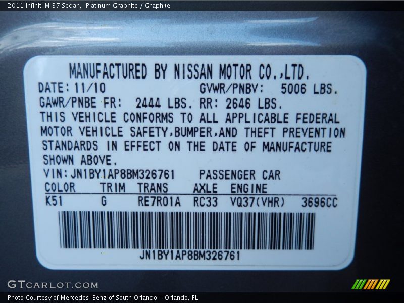 Platinum Graphite / Graphite 2011 Infiniti M 37 Sedan