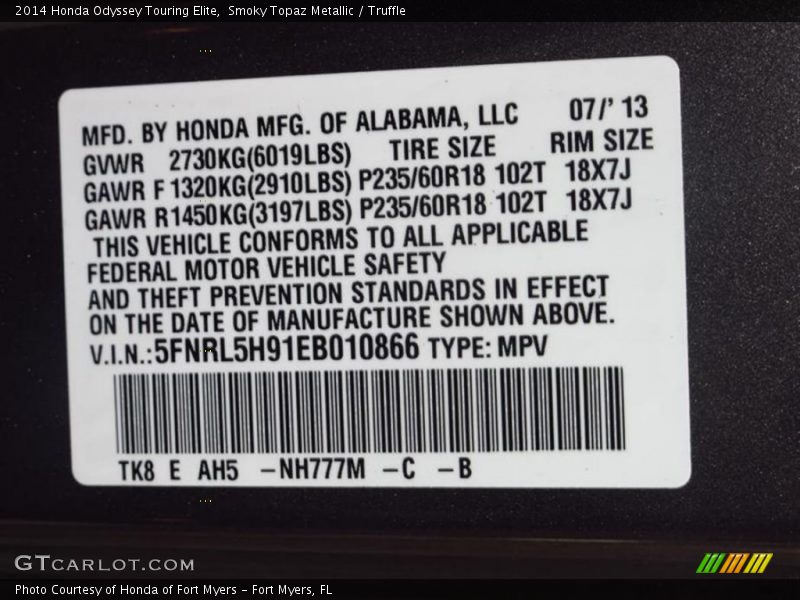 Smoky Topaz Metallic / Truffle 2014 Honda Odyssey Touring Elite