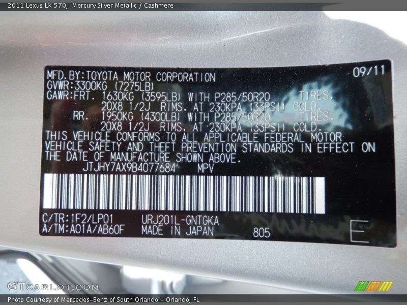 2011 LX 570 Mercury Silver Metallic Color Code 1F2