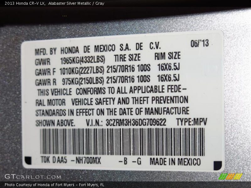 Alabaster Silver Metallic / Gray 2013 Honda CR-V LX