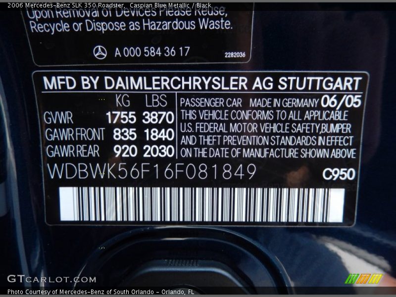 2006 SLK 350 Roadster Caspian Blue Metallic Color Code 950