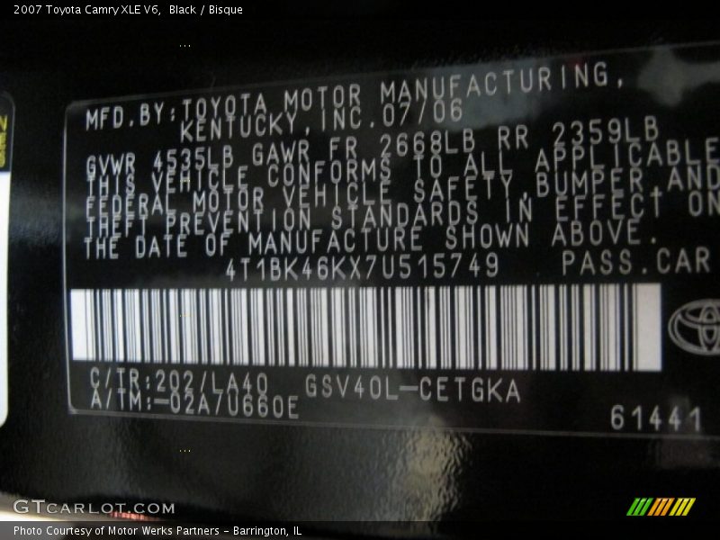 Black / Bisque 2007 Toyota Camry XLE V6