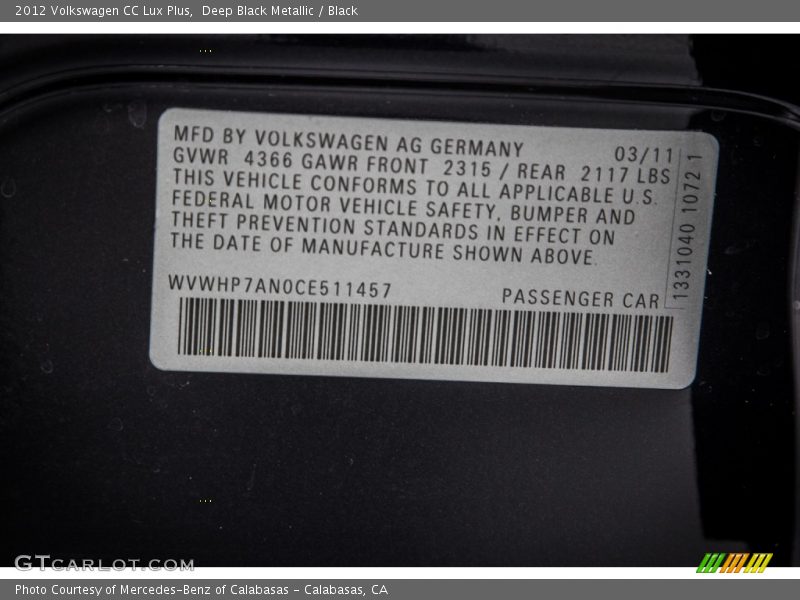 Deep Black Metallic / Black 2012 Volkswagen CC Lux Plus