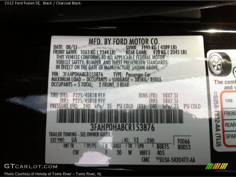 Black / Charcoal Black 2012 Ford Fusion SE