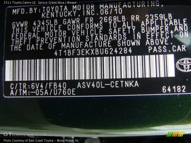 2011 Camry LE Spruce Green Mica Color Code 6V4
