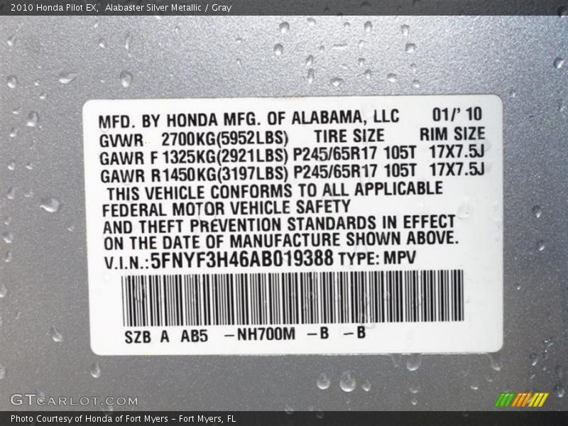 Alabaster Silver Metallic / Gray 2010 Honda Pilot EX