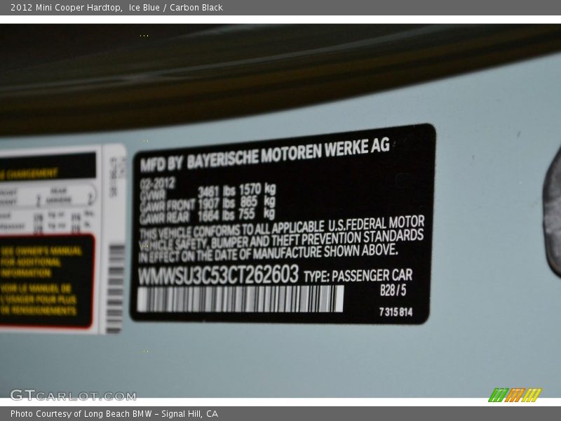 Ice Blue / Carbon Black 2012 Mini Cooper Hardtop