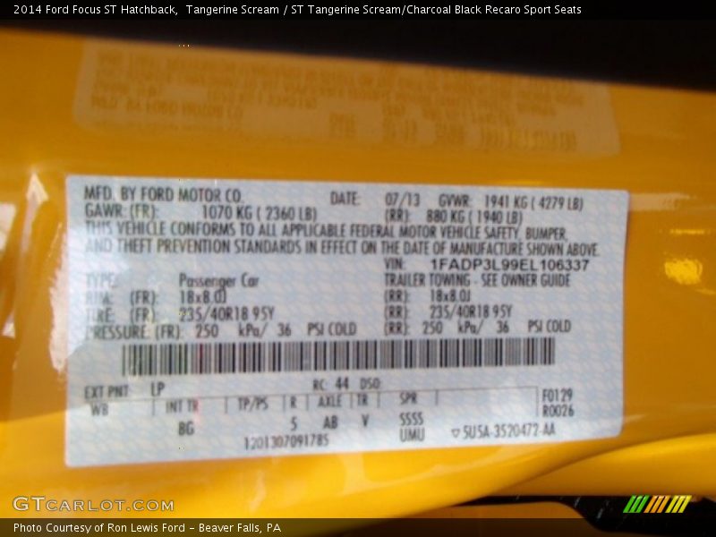 2014 Focus ST Hatchback Tangerine Scream Color Code LP