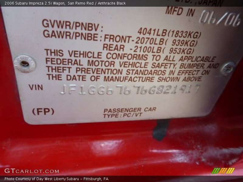 San Remo Red / Anthracite Black 2006 Subaru Impreza 2.5i Wagon