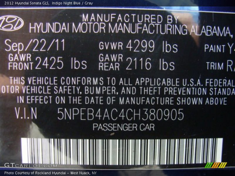 Indigo Night Blue / Gray 2012 Hyundai Sonata GLS