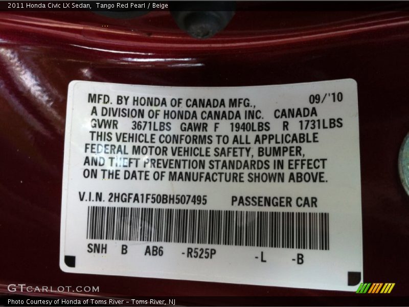 Tango Red Pearl / Beige 2011 Honda Civic LX Sedan