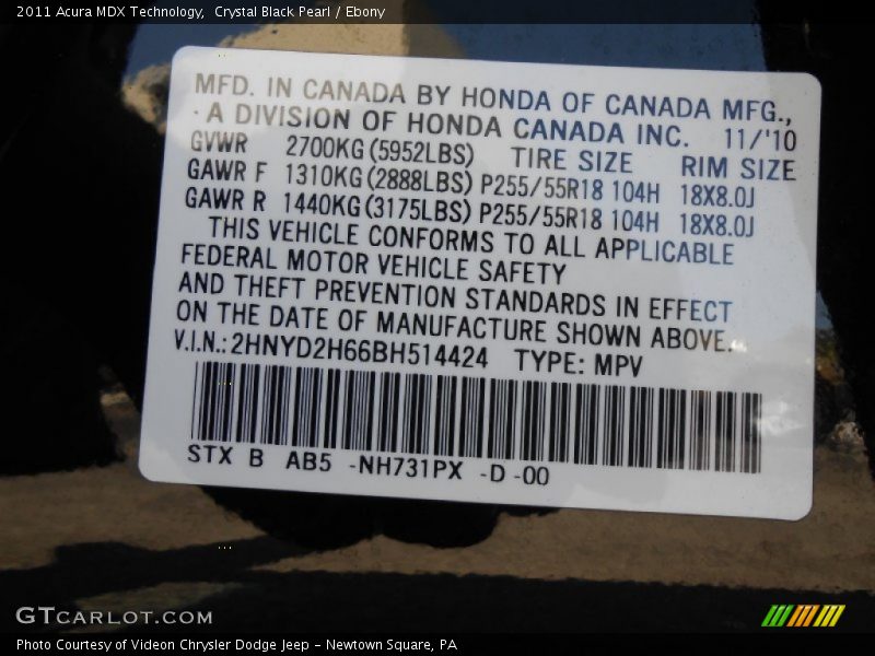 Crystal Black Pearl / Ebony 2011 Acura MDX Technology