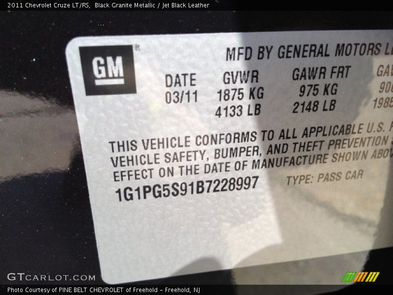 Black Granite Metallic / Jet Black Leather 2011 Chevrolet Cruze LT/RS
