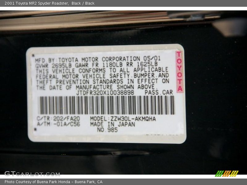 Black / Black 2001 Toyota MR2 Spyder Roadster