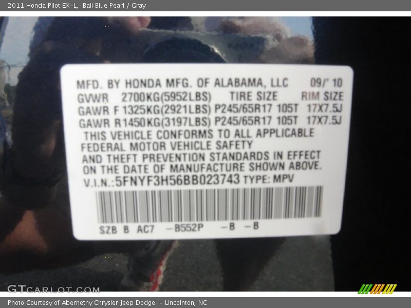 Bali Blue Pearl / Gray 2011 Honda Pilot EX-L