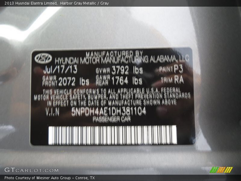 Harbor Gray Metallic / Gray 2013 Hyundai Elantra Limited