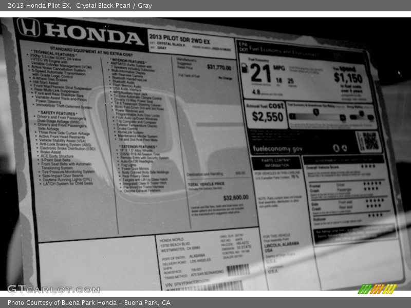 Crystal Black Pearl / Gray 2013 Honda Pilot EX