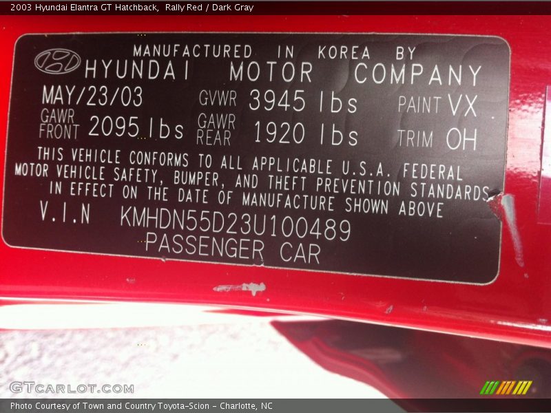 Rally Red / Dark Gray 2003 Hyundai Elantra GT Hatchback
