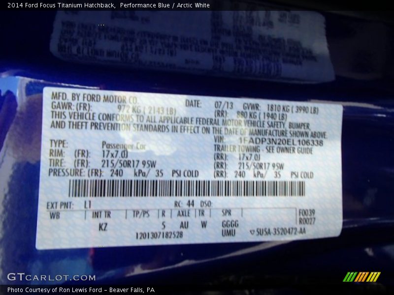 2014 Focus Titanium Hatchback Performance Blue Color Code L1