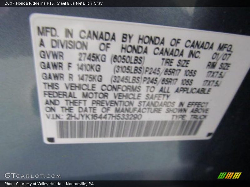 Steel Blue Metallic / Gray 2007 Honda Ridgeline RTS