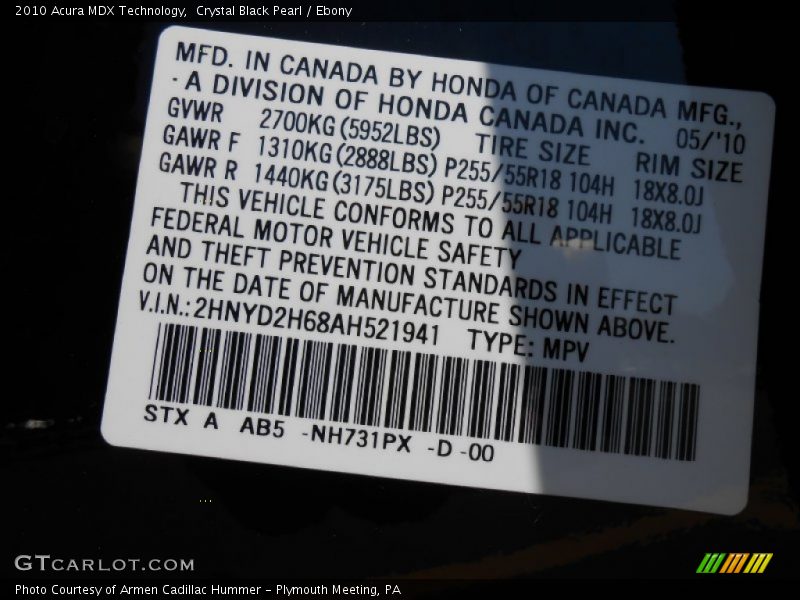 Crystal Black Pearl / Ebony 2010 Acura MDX Technology