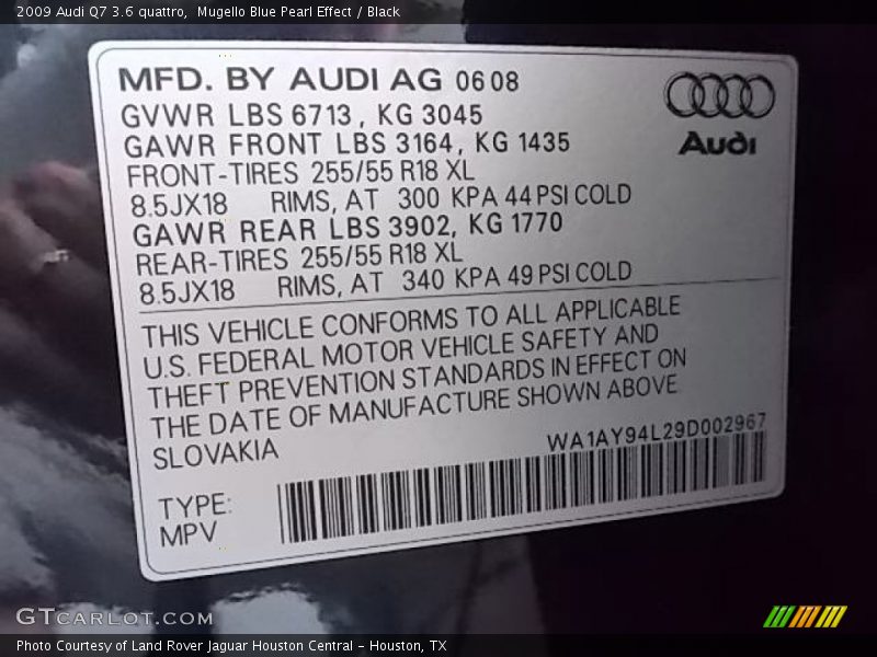 Mugello Blue Pearl Effect / Black 2009 Audi Q7 3.6 quattro