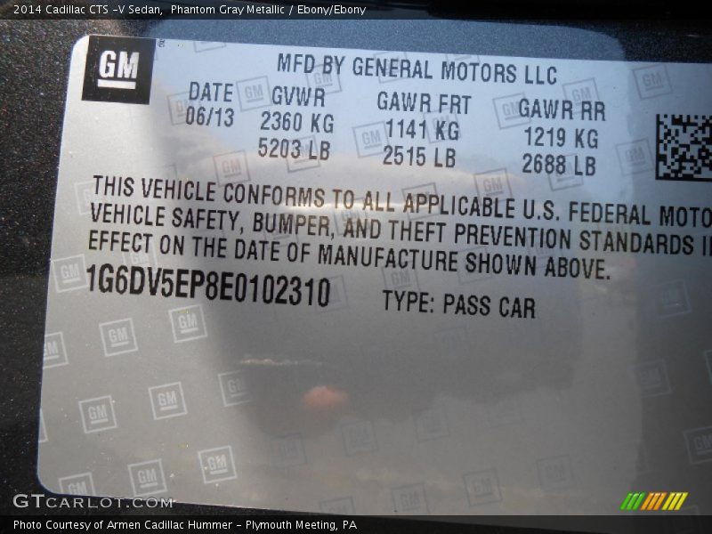 Info Tag of 2014 CTS -V Sedan