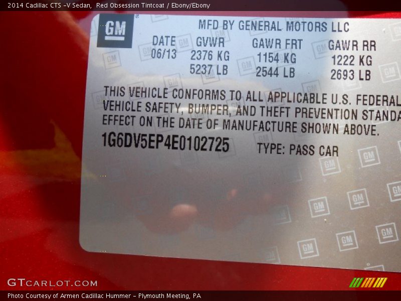 Info Tag of 2014 CTS -V Sedan