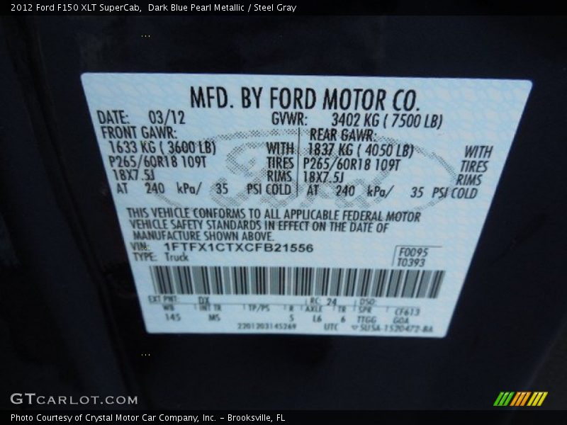 Dark Blue Pearl Metallic / Steel Gray 2012 Ford F150 XLT SuperCab