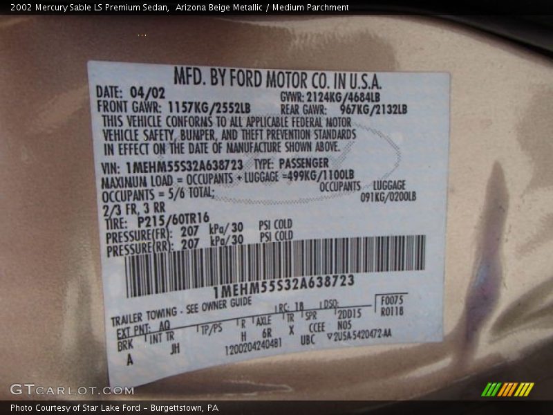 2002 Sable LS Premium Sedan Arizona Beige Metallic Color Code AQ