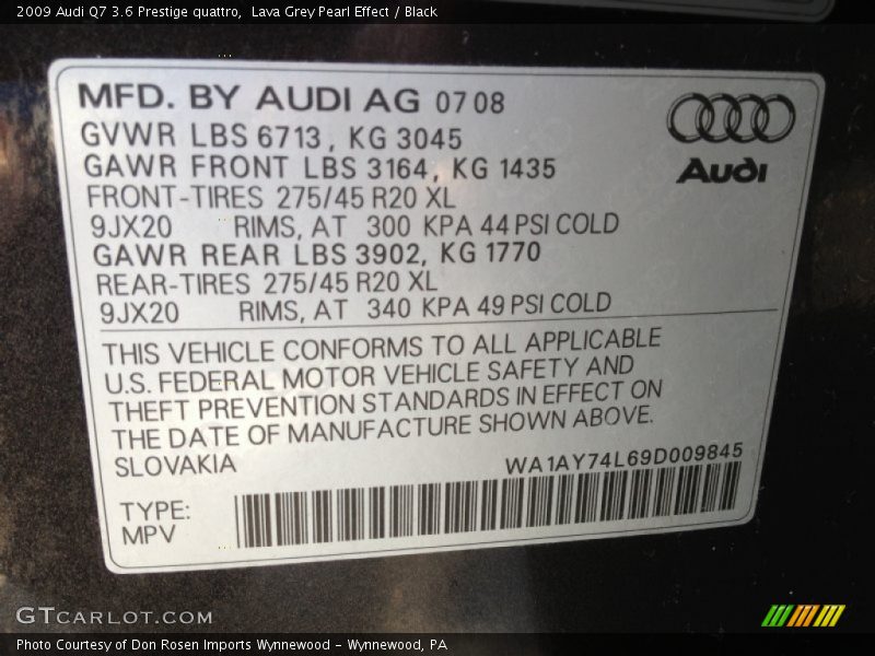 Lava Grey Pearl Effect / Black 2009 Audi Q7 3.6 Prestige quattro