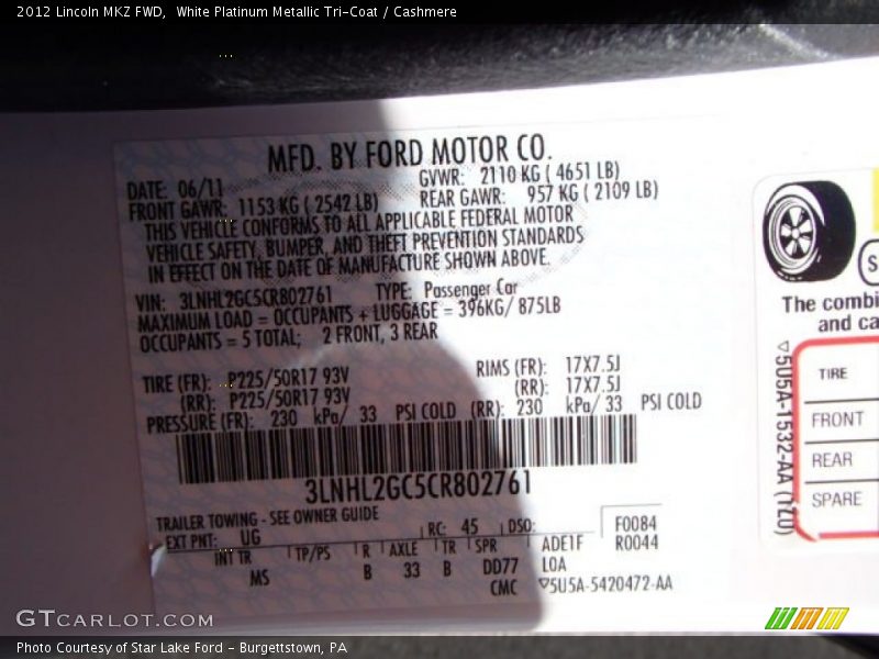 White Platinum Metallic Tri-Coat / Cashmere 2012 Lincoln MKZ FWD