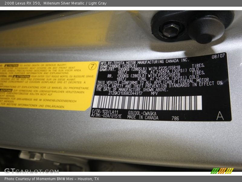 Millenium Silver Metallic / Light Gray 2008 Lexus RX 350