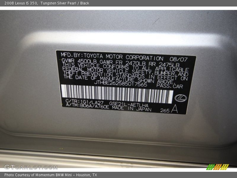 Tungsten Silver Pearl / Black 2008 Lexus IS 350