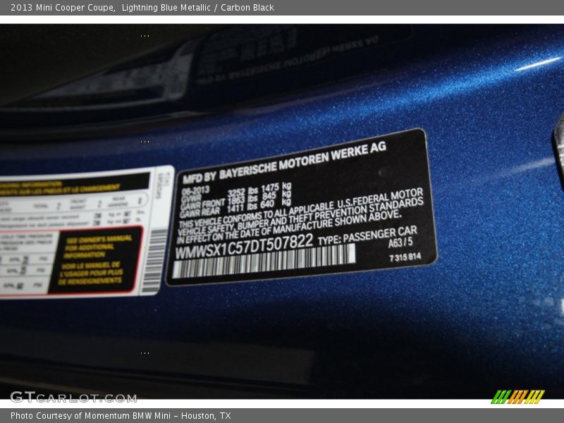 Lightning Blue Metallic / Carbon Black 2013 Mini Cooper Coupe