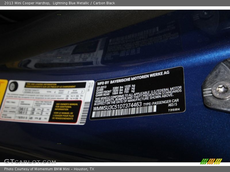 Lightning Blue Metallic / Carbon Black 2013 Mini Cooper Hardtop