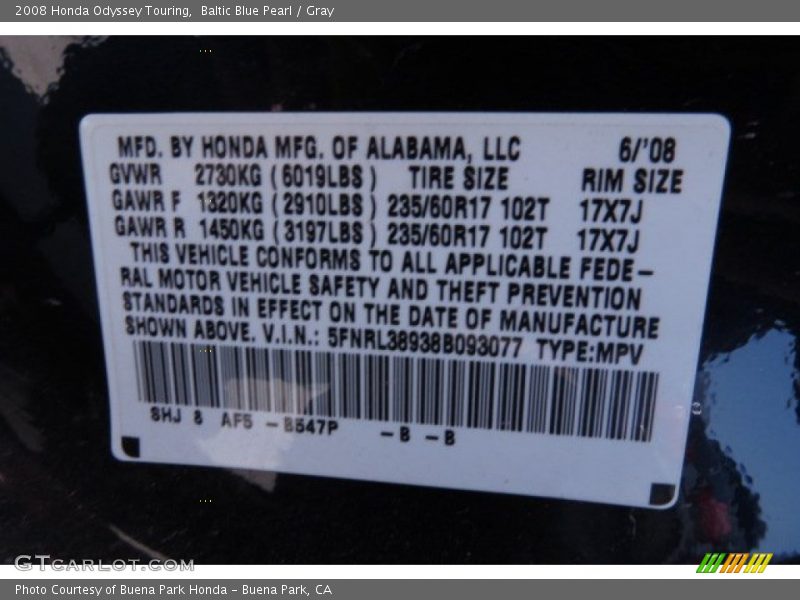 Baltic Blue Pearl / Gray 2008 Honda Odyssey Touring