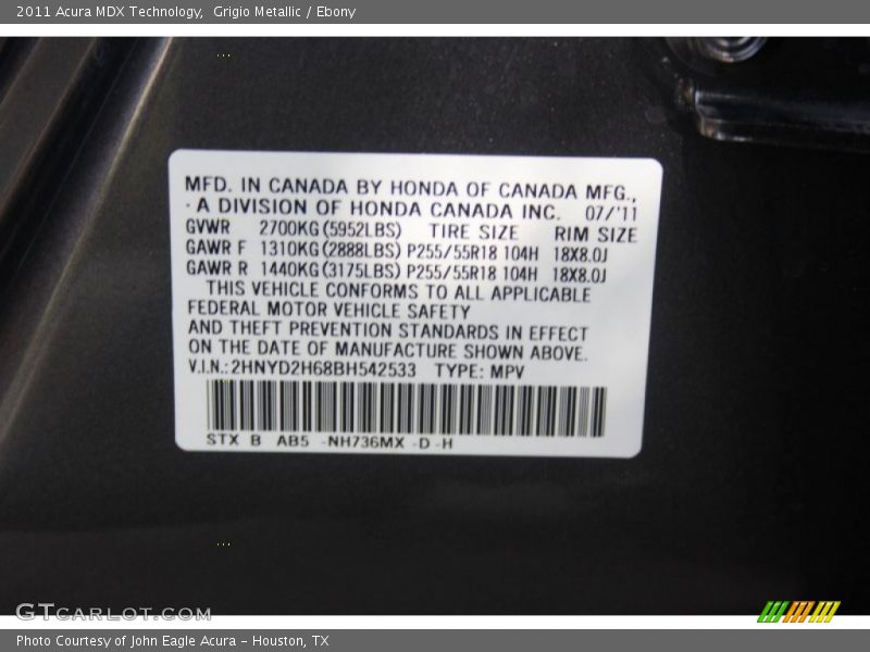 Grigio Metallic / Ebony 2011 Acura MDX Technology